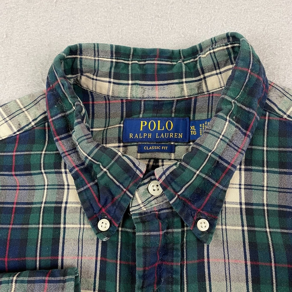 Polo Ralph Lauren Classic Fit Oxford Shirt Mens XL Green Beige Plaid Pocket - Picture 2 of 13
